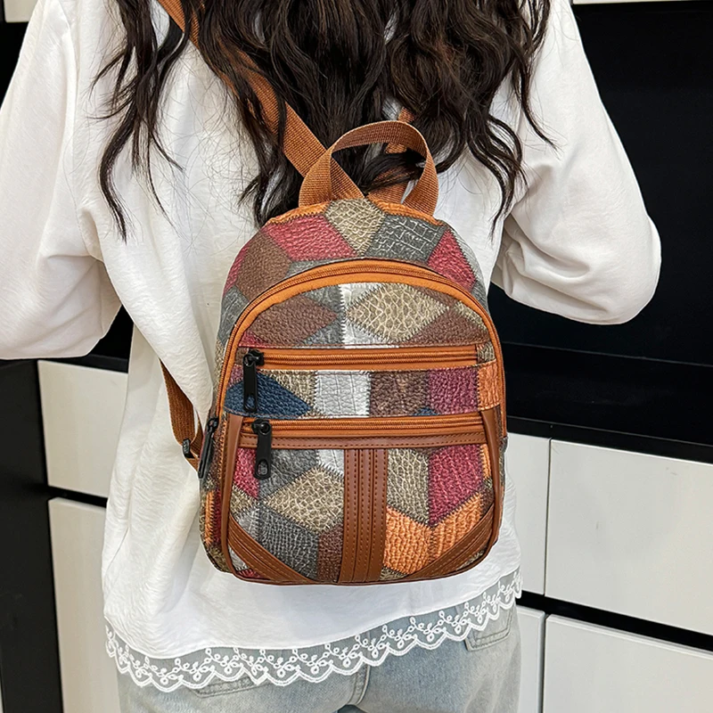 Fashion Backpack Women - حقيبة ظهر نسائية بتصميم متعدد الأقمشة،